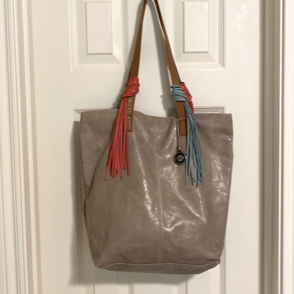 THE SAK GRAY LEATHER TOTE with fringe boho gray distressed leather- large